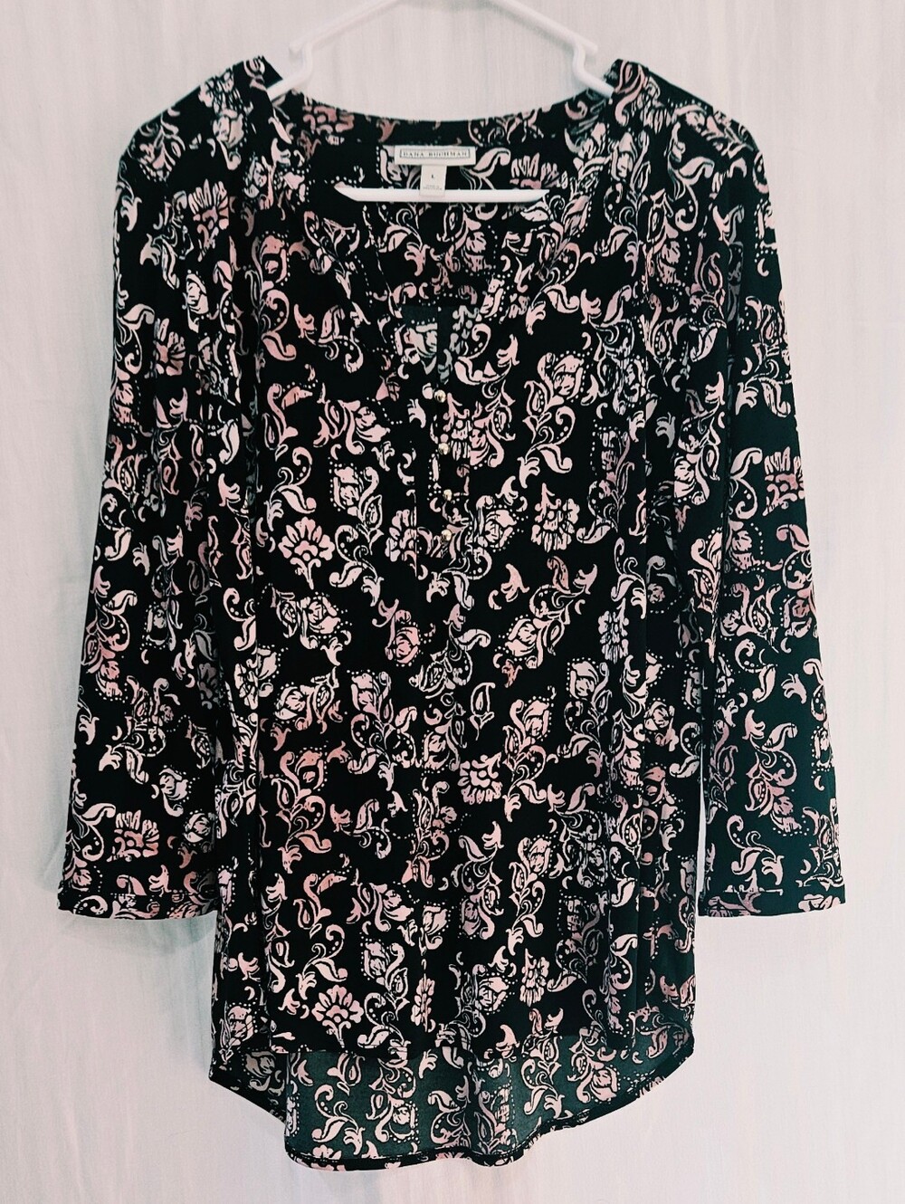 Dana Buchman Shirt - Black Pink Floral Polyester 3/4 Sleeve - Size L Large